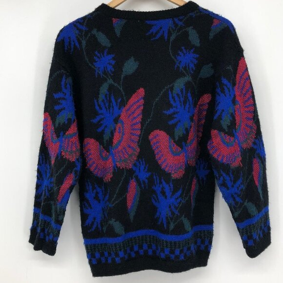 Vintage 1970's Hudson's Bay Butterfly Black blue pink Acrylic knit sweater 70s M - Picture 2 of 15